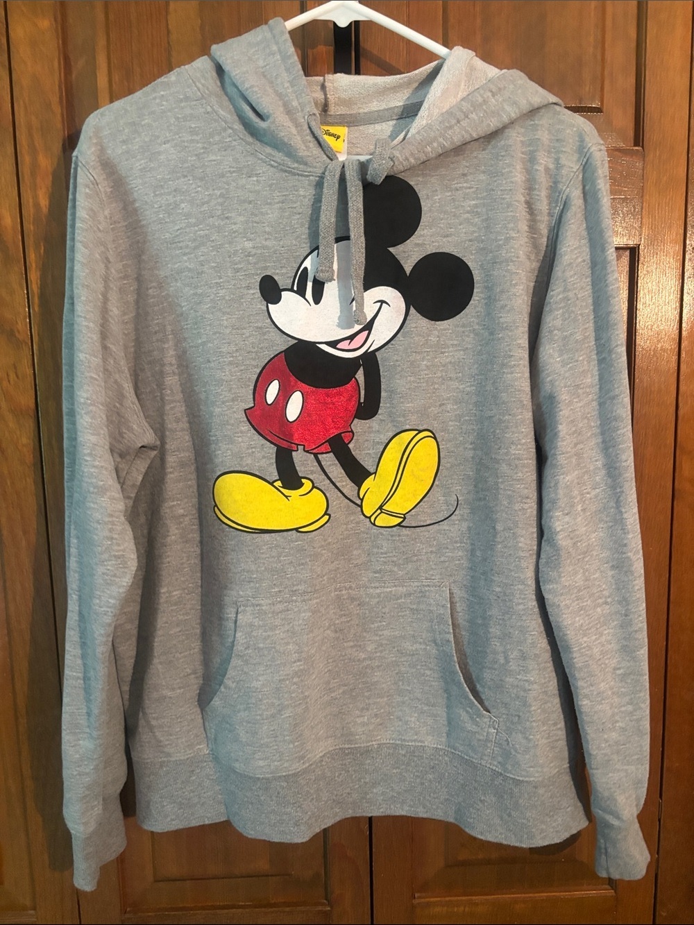 Disney Gray Mickey Mouse Pullover Hoodie with Red and Yellow Graphic